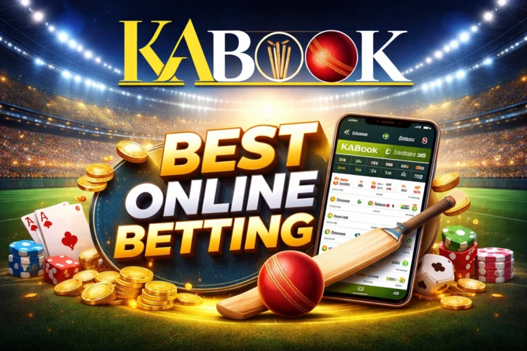 Best Online Betting on KABook platform with live cricket betting app, casino chips, and stadium background