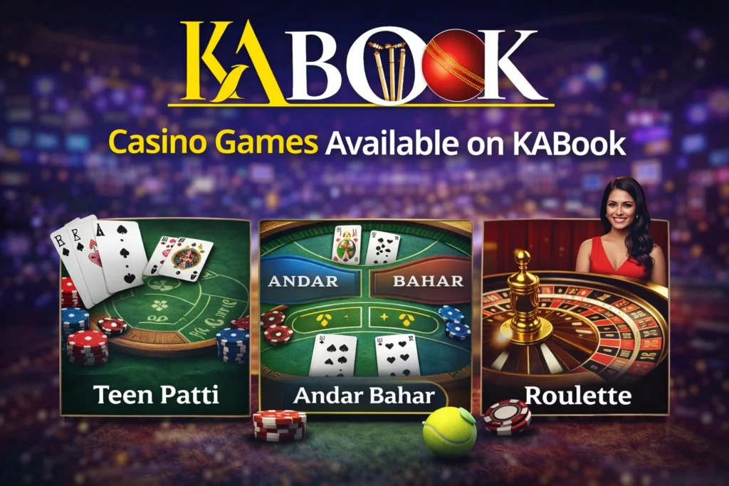 Casino games available on KABook including Teen Patti Andar Bahar and Roulette online casino platform
