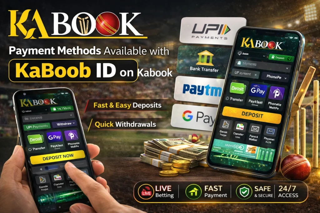 Payment methods available with KaBoob ID on Kabook including UPI bank transfer Paytm Google Pay and PhonePe for cricket betting