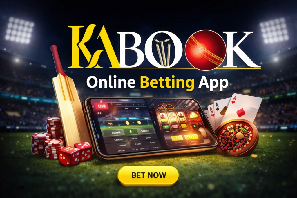 KABook online betting app hero banner showing cricket betting, casino games, and mobile sports betting platform