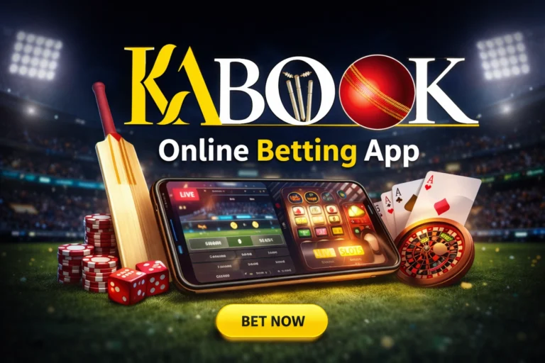 KABook online betting app hero banner showing cricket betting, casino games, and mobile sports betting platform