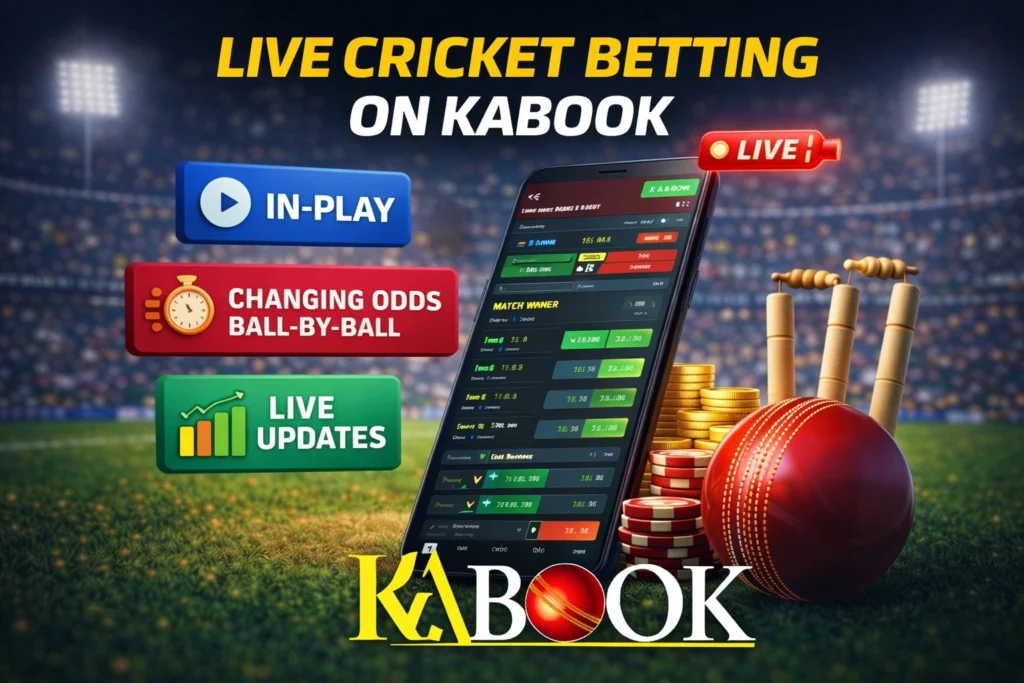Live online betting cricket on KABook platform with mobile betting interface and cricket stadium background