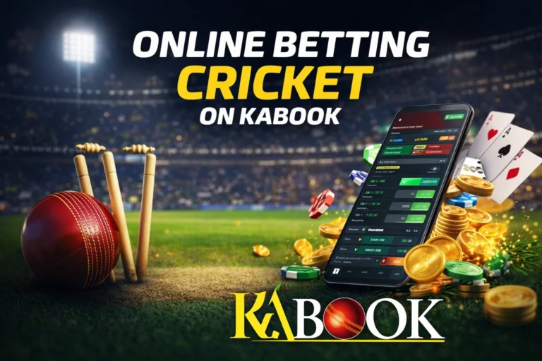 Online betting cricket on KABook platform with cricket ball, stadium, and betting interface