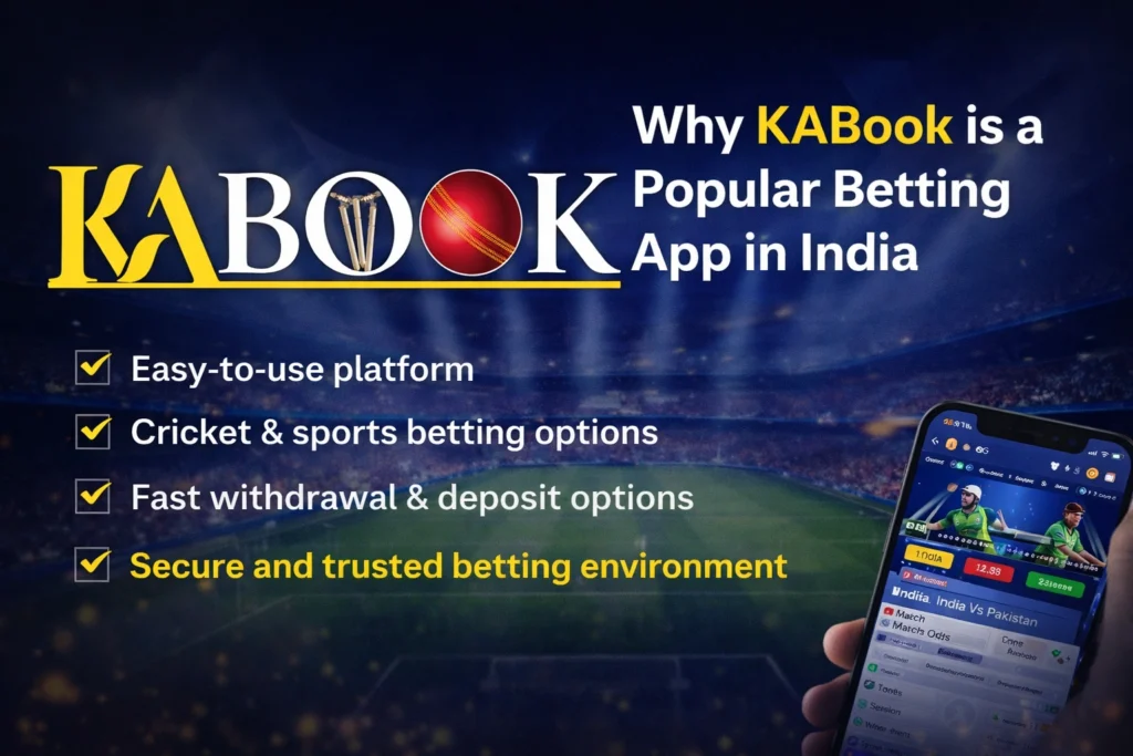 Why KABook is a popular betting app in India banner showing features and cricket betting interface