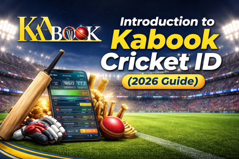 Kabook Cricket ID 2026 introduction guide with logo, live cricket dashboard, and stadium background