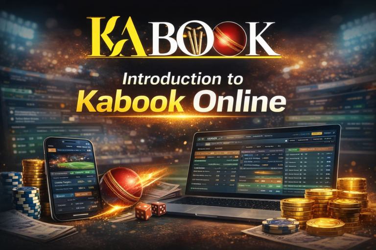 Kabook Online dashboard showing live cricket match interface, mobile and laptop view with secure digital platform 2026