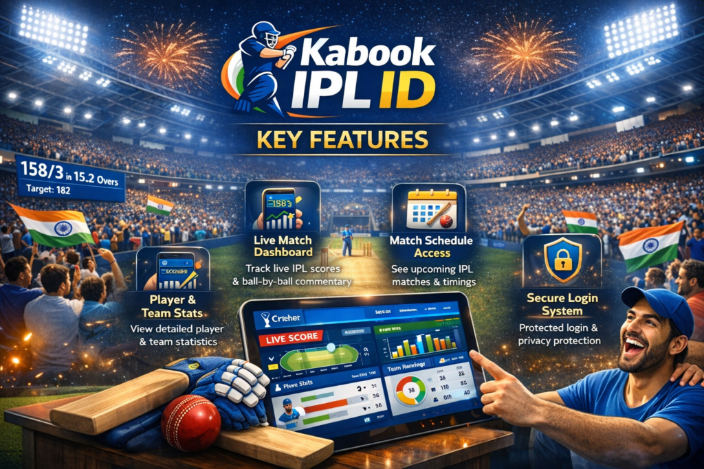 Kabook IPL ID key features 2026 including live match dashboard player stats and secure login system